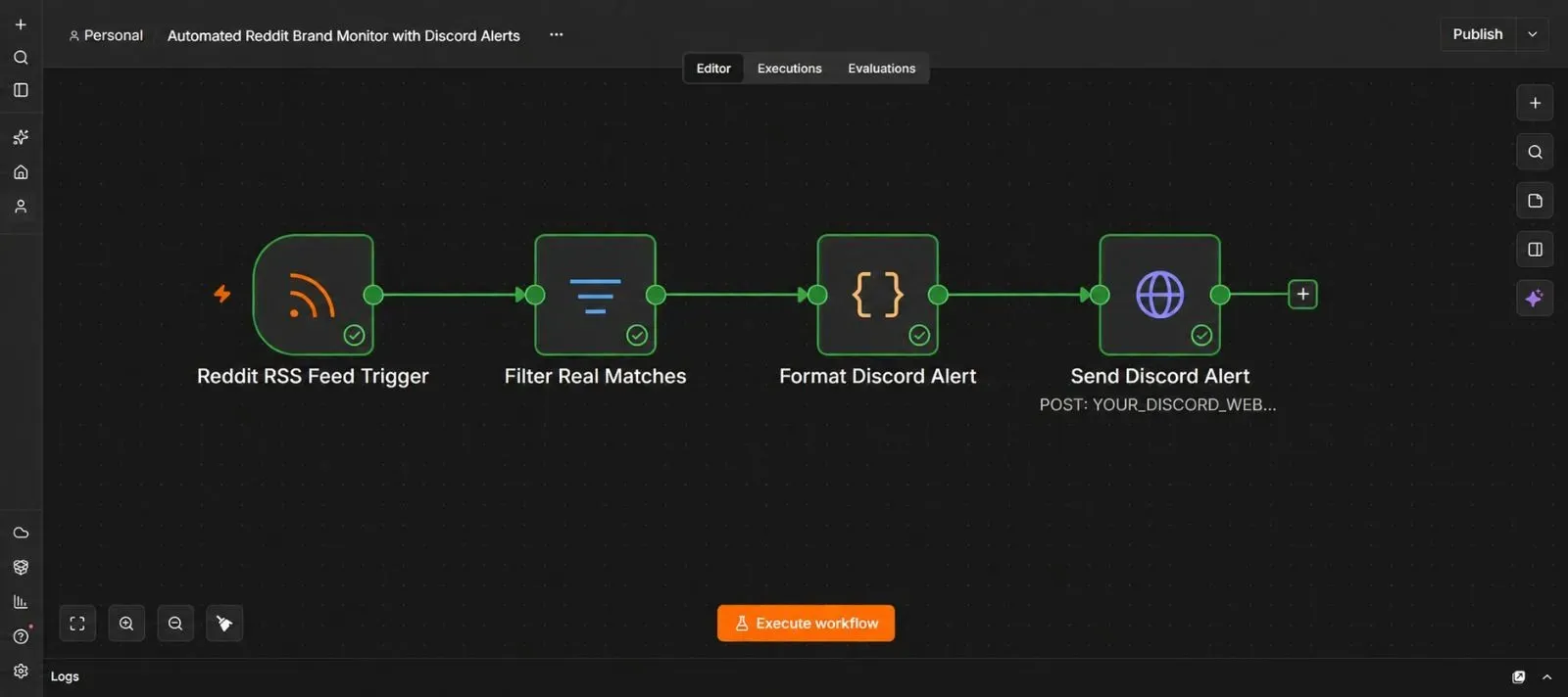 Complete n8n workflow canvas showing Reddit RSS Feed Trigger, Filter Real Matches, Format Discord Alert, and Send Discord Alert nodes
